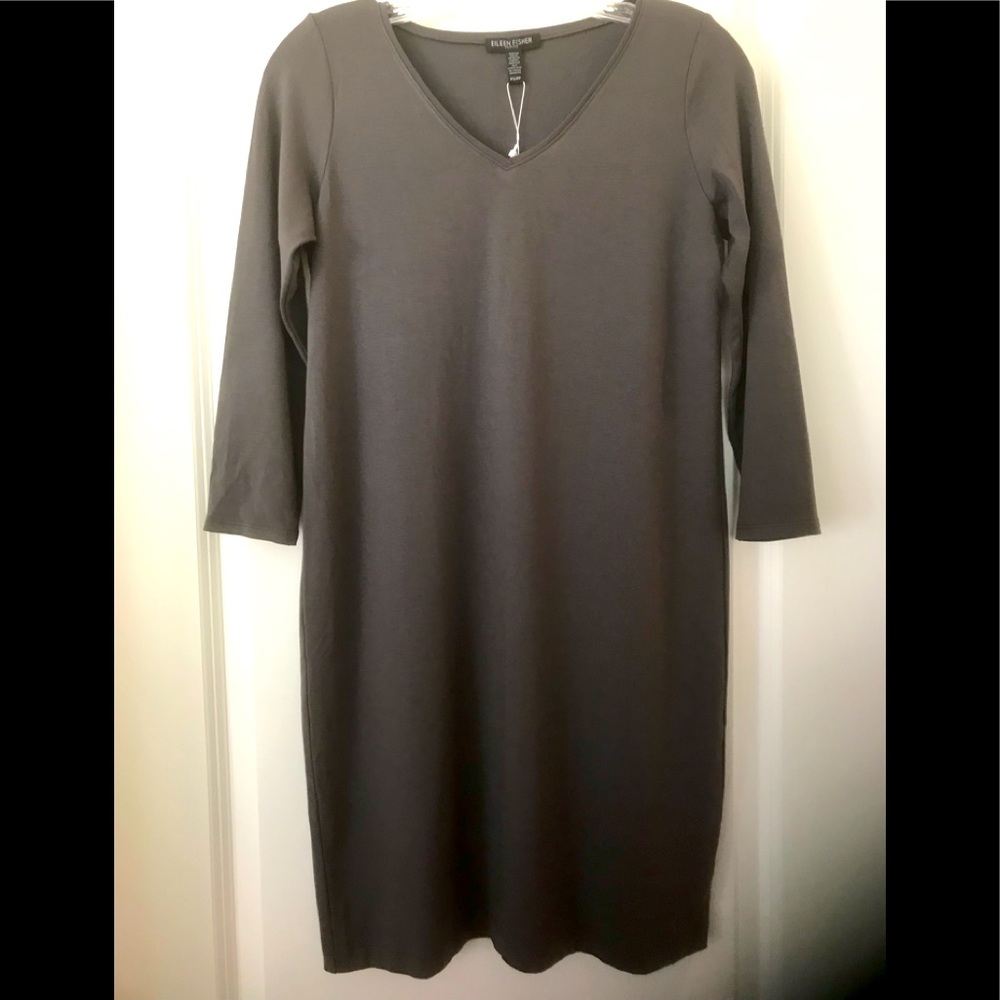 Eileen Fisher Ash Gray Petite Signature Viscose Jersey Dress with 3/4 Sleeves